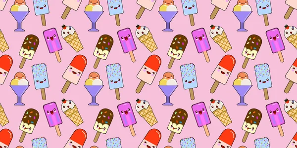 Nahtlose Muster-Cupcakes mit Sahne, Eis in Waffelkegeln, Eis-Lolly, Kawaii mit rosa Wangen und zwinkernden Augen, Pastellfarben auf rosa Hintergrund. Vektorillustration — Stockvektor
