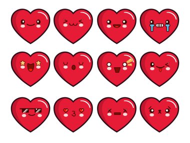 Kalp ifadeler kümesi. Gülen simgeler kümesi vektör. Ağlıyor, mutlu, üzgün, üzgün, aşk, serin, yıldız, öpücük, Uykulu ve diğer ifadeler. llustration
