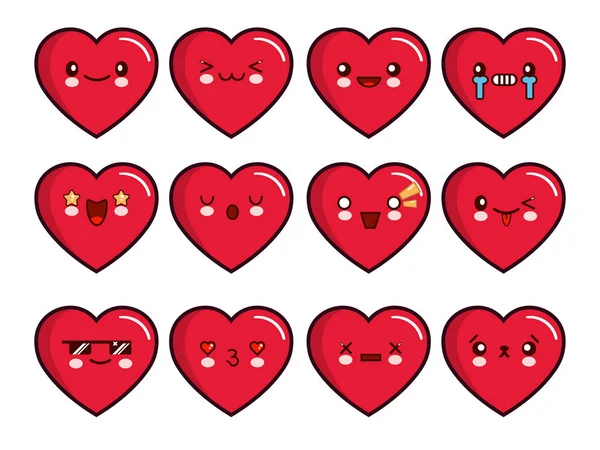 Kalp ifadeler kümesi. Gülen simgeler kümesi vektör. Ağlıyor, mutlu, üzgün, üzgün, aşk, serin, yıldız, öpücük, Uykulu ve diğer ifadeler. llustration