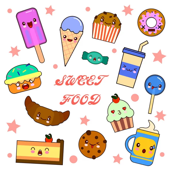 Set von lustigen Dessert-Charakteren - Donut, Croissant, Cupcake, Kuchen, Makronen, Zeichentrick-Vektor-Illustration isoliert auf weißem Hintergrund. Niedliche Smiley-Bonbons, Dessertcharaktere — Stockvektor