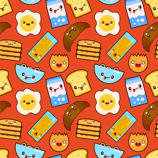 Fun vector seamless pattern Funny characters breakfast vector toasts bread, milk, fried egg cute food and drink in kawaii style with smiling face