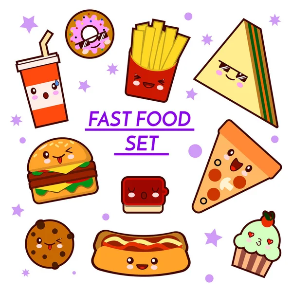 Set of funny fast food characters - pizza, French fries, burger, hot dog, sandwich ,cartoon vector illustration isolated on white background. Funny fast food characters