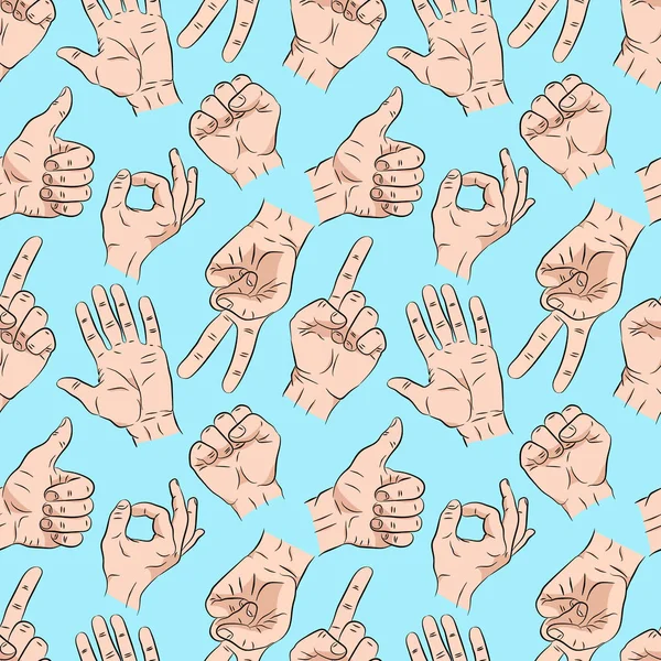 Modèle sans couture avec les mains affichant dans différents gestes émotions. Fond dessiné à la main pour votre conception. illustration vectorielle — Image vectorielle