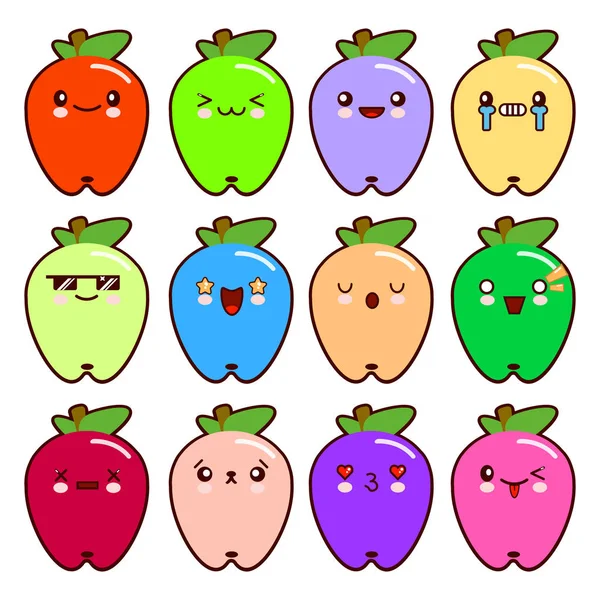 12 modern ifadeler sevimli çizgi elma farklı duygular ile kümesi. Vektör çizim düz stil.