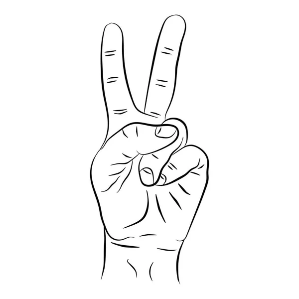 Контурна рука, два пальці знак перемоги або знак миру або ножиці. Векторні ілюстрації ізольовані на фоні. Для інтернету, плаката, інформаційної графіки . — стоковий вектор