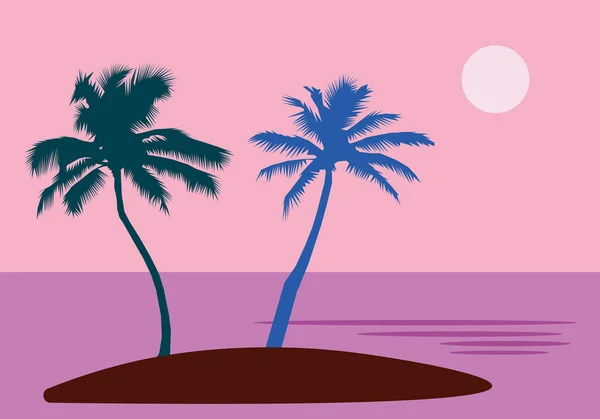 Une île tropicale avec des palmiers et du soleil. Un style plat avec une palette pastel. Illustration vectorielle. Mise en page horizontale . — Image vectorielle