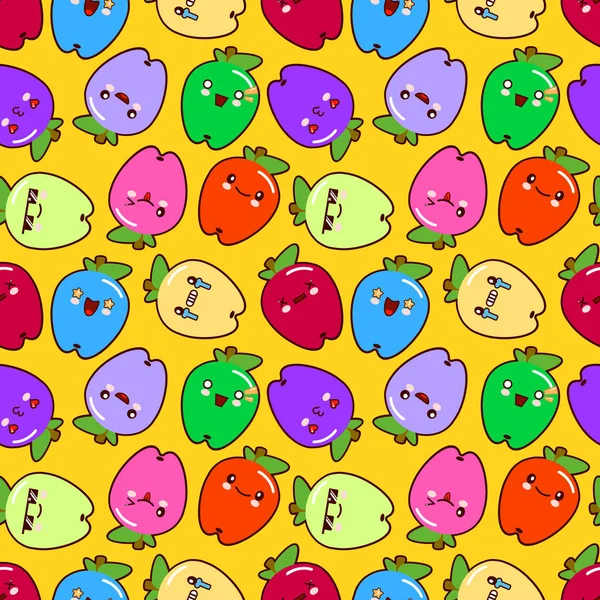 Niedlichen kindischen nahtlosen Muster als lächelnde Cartoon-Figuren von Äpfeln auf gelbem Hintergrund flachen Stil, Vektor-Illustration. — Stockvektor
