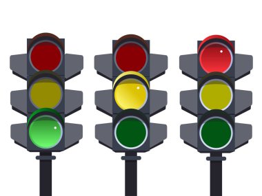 Trafik lambası, trafik ışığı sıra. Kırmızı, sarı, yeşil ışık git, dur, bekle. Beyaz arka plan vektör çizim üzerinde