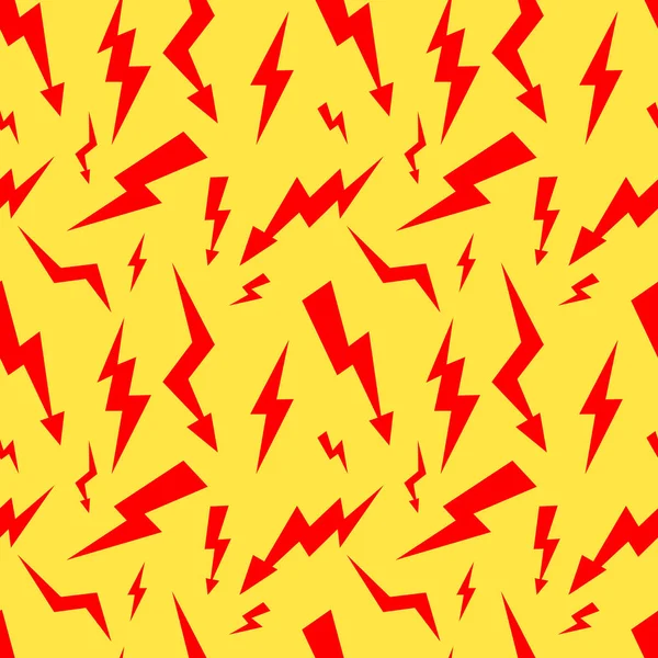 Naadloze patroon met rode thunderbolt op gele achtergrond. Kan worden gebruikt voor behang, opvulpatronen, webpagina-achtergrond, oppervlakte texturen. Vectorillustratie — Stockvector