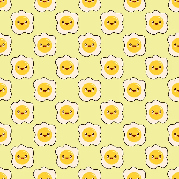 Gebakken ei wordt geconfronteerd met naadloze patroon kawaii cartoon karakter naadloze patroon op gele achtergrond. Plat ontwerp vectorillustratie — Stockvector