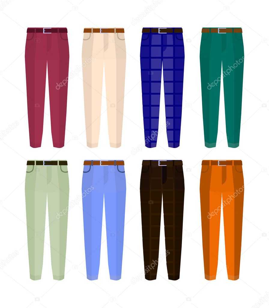 Set of classic trousers for men different color. Flat design Vector