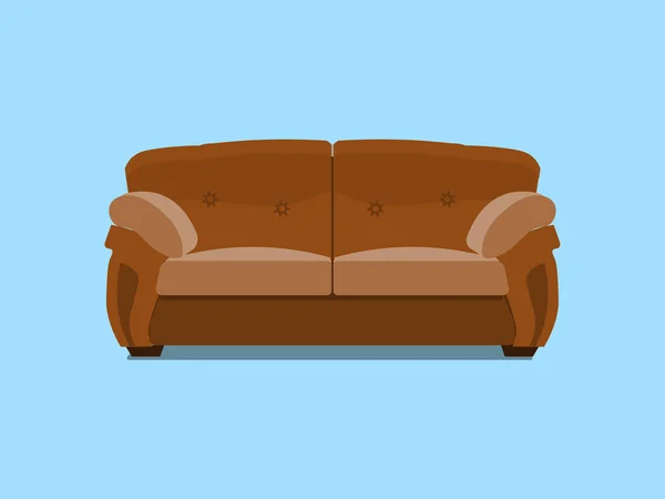 Brown leather chester sofa. Vector illustration. Comfortable lounge for interior design isolated on blue background. Modern model of settee icon. — Stock Vector