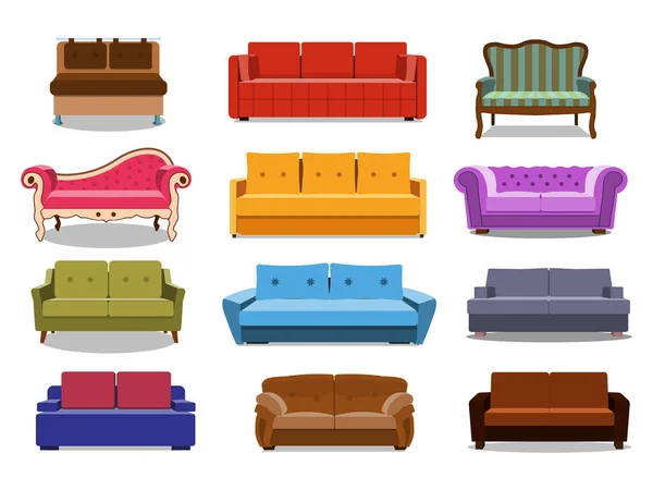 Bank en banken kleurrijke cartoon illustratie vector set. Verzameling van comfortabele lounge voor interieur geïsoleerd op witte achtergrond. Verschillende modellen van settee iconen. — Stockvector