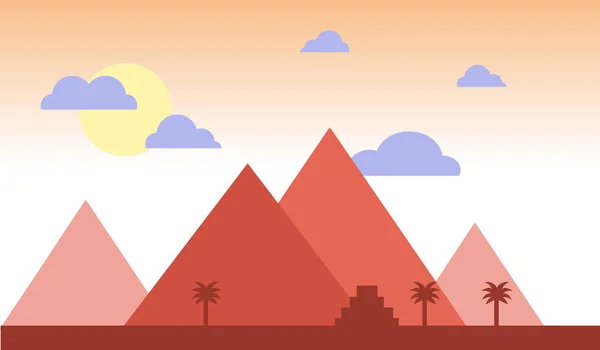 Ägyptische Pyramiden mit Palmen in flachem Wüstendesign. Reisekonzept berühmten Sonnenuntergang Vektor Illustration. Afrika — Stockvektor