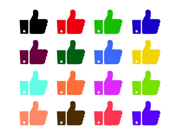 Thumbs up like icons color set for social network web app like. Symbol hand with thumb up. Vector illustration — Stock Vector