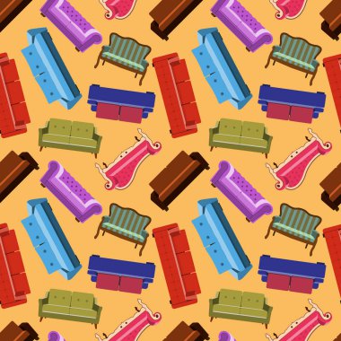 Ev mobilya model sorunsuz, arka plan ev, nesne dekorasyon, koltuk ve kanepe kapalı, vektör çizim turuncu zemin üzerine