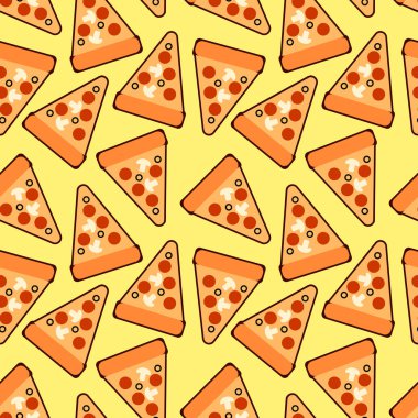 Sorunsuz trendy pizza dilimleri desen. Sevimli vektör pizza. İçin kumaş, duvar kağıtları, kağıt, kartları ve web illüstrasyon kaydırma sarı zemin üzerine
