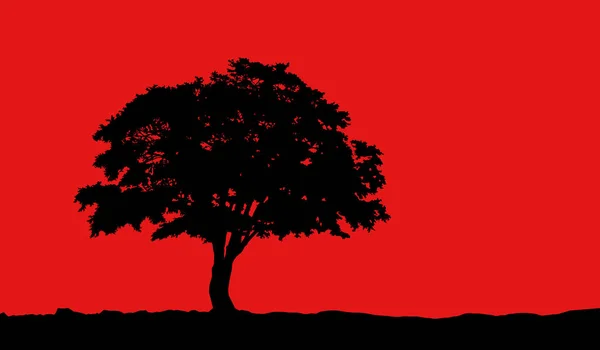 Tree at hill silhouette vector illustration on red background — Stock Vector