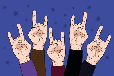 insanlar ile konser mor renk arka plan üzerinde kadar rock el kaldırsın. Vektör çizim