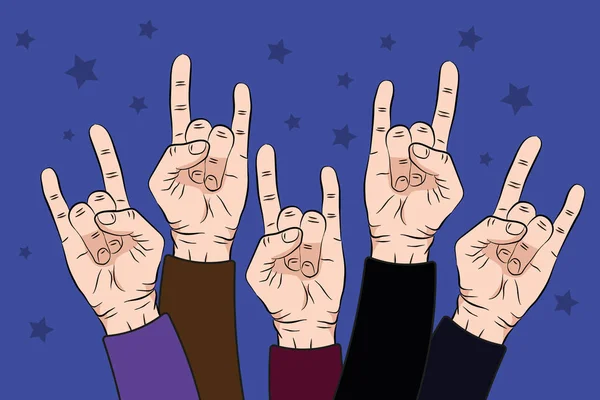 Persone alzano le mani rock in concerto con su sfondo di colore viola. Illustrazione vettoriale — Vettoriale Stock