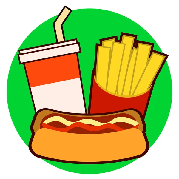 Buntes Fast Food auf Tablett. Hot Dog, Pommes frites, Soda Vektor Illustration isoliert auf dem Hintergrund — Stockvektor