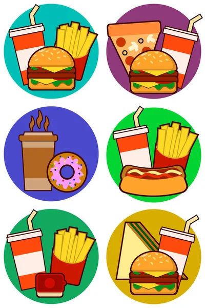 Iconos de combos de comida rápida, contiene hot dog, hamburguesa y sándwich con papas fritas y refrescos — Vector de stock