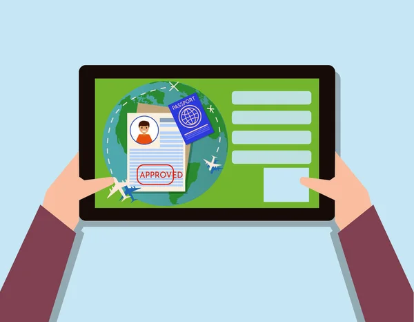 Tempo para viajar banner com passaporte, Business air trip ipad change. pictograma de ilustração plana — Vetor de Stock