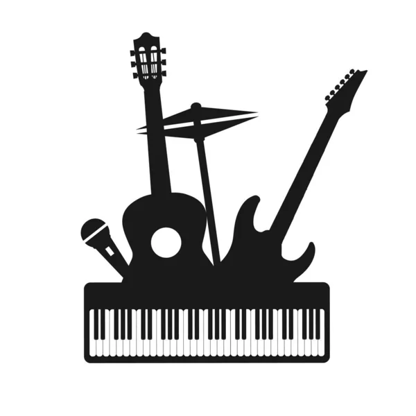 Musikinstrumente dekorative Symbole Silhouette schwarzes Set mit Gitarre Schlagzeug Kopfhörer Vektor Illustration. — Stockvektor