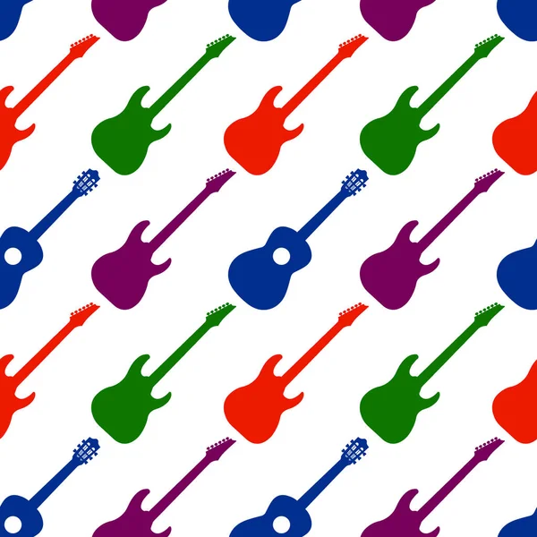 Nahtloses Muster mit Gitarren. Vektorhintergrund. Farbkunstwerke für Textilien, Stoffe, Souvenirs, Verpackungen und Grußkarten. — Stockvektor