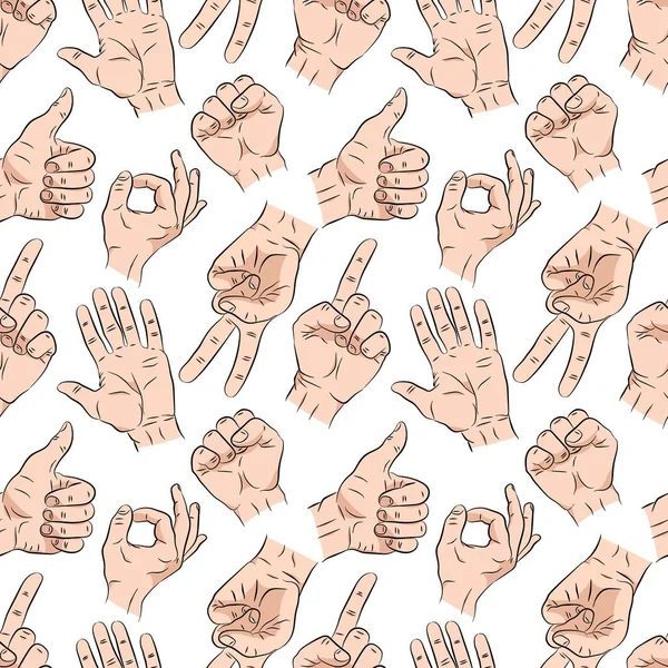Hände auf weißem, nahtlosem Muster, Vektorillustration. handgezeichnete Textur mit menschlichen Handflächen, Handgelenken, Gesten. einfacher flacher Stil, Skizzenhintergrund für Stoff, Textil, Papier — Stockvektor