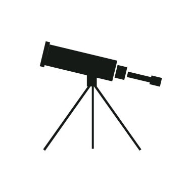 Vektör illüstrasyon arka planda izole tripod ile tek düz siyah teleskop. Planetaryum, gözlemevi, öğrenme astronomisi, astrofizik bilimi ve kozmik keşif için simge