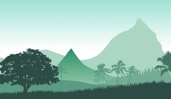 Illustration vectorielle du paysage panoramique du lever du soleil dans les montagnes tropicales — Image vectorielle