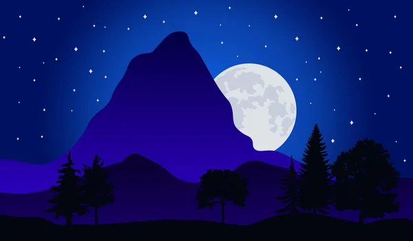 Illustrazione vettoriale del paesaggio naturale notturno nella foresta con montagna, luna piena e cielo stellato — Vettoriale Stock