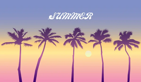 Malebný západ slunce na tropické pláži s palmami. večer na moři Vector ilustrace — Stockový vektor