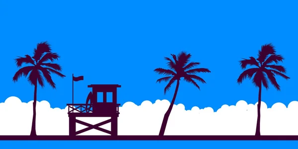 Rettungswache an einem Strand mit Palmen am blauen Himmel. Vektorillustration mit tropischer Landschaft. Sommerkarte. — Stockvektor