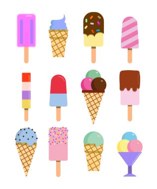 Lezzetli dondurma simgeleri seti. Vektör buz konileri Popsicles ve bardak dondurma topları. Meyve ve çikolata lezzetleri