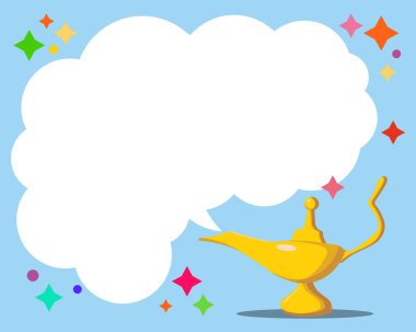 Aladdin s sihirli lamba. Vector Genie sihirli Aladdin lambası ve beyaz duman. Koyu mavi arka plan ile Alladin altın fener