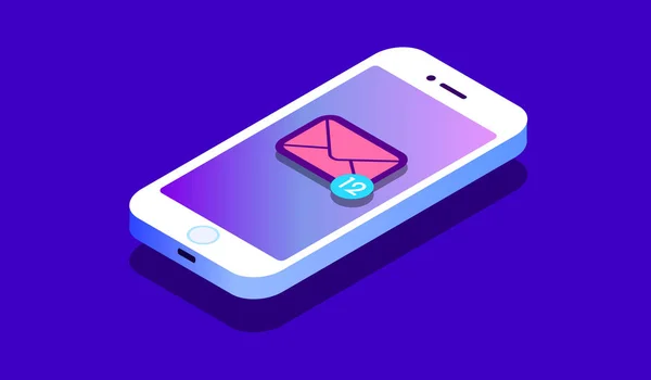 Isometric concept with smartphone and incoming messages. New mail, sms. e-mail notification. Vector illustration.