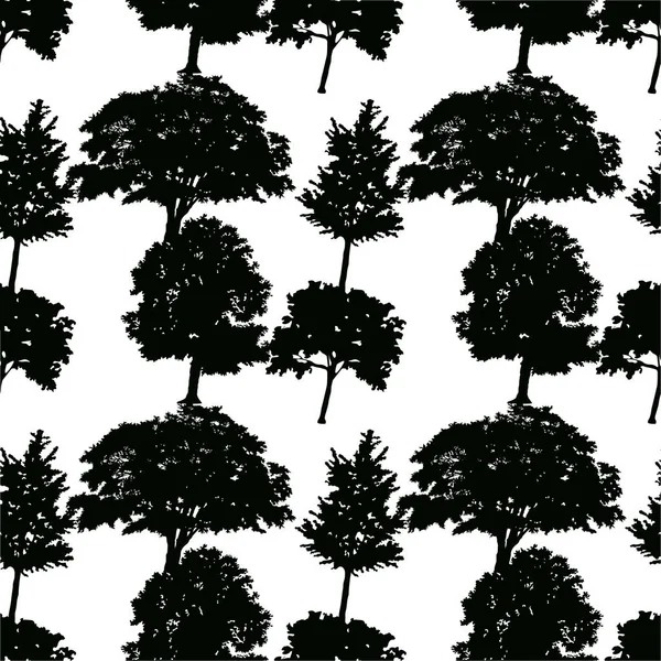 白林背景落叶树轮廓的无缝图案 — 图库矢量图片