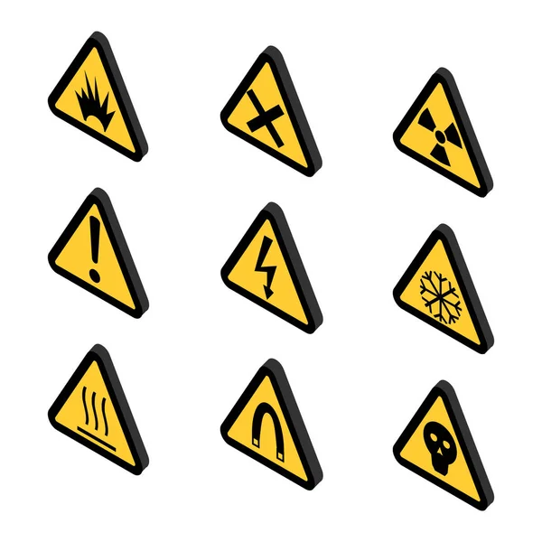 Iconos de advertencia, símbolo de ilustración de toxinas y vectores de peligro en estilo isométrico plano aislado sobre fondo — Archivo Imágenes Vectoriales
