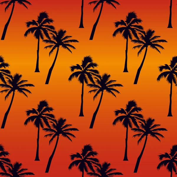 Tropiska sömlösa mönster - lila och lila palms träd på en orange bakgrund — Stock vektor