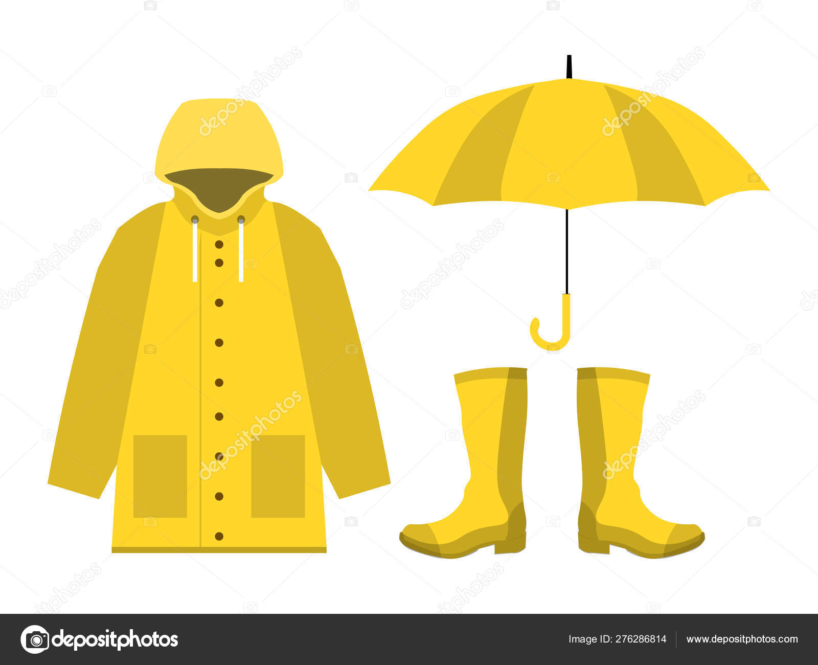 Raincoat, rubber boots, open umbrella 