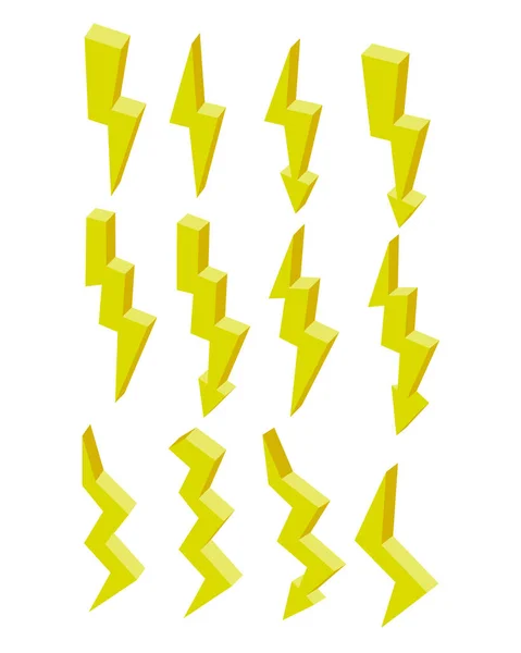 Elektrik biyometrik düz sarı Yıldırım simgesi kümesi. 3d vektör renkli illüstrasyon. Beyaz arka plan üzerinde beyaz arka plan üzerinde izole pictogram.