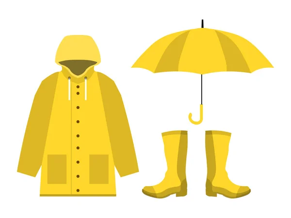 Raincoat, rubber boots, open umbrella, set of rainy season in flat on white background design vector — Stock Vector