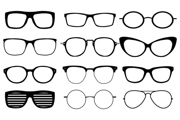 Un ensemble de lunettes isolées. Icônes de modèle de lunettes vectorielles. Lunettes de soleil, lunettes, isolées sur fond blanc. Des silhouettes. Diverses formes - illustration en stock. — Image vectorielle