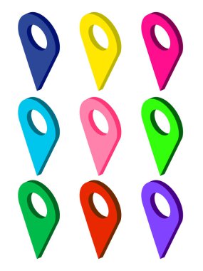 Izometrik harita işaretçileri kümesi. Çok renkli harita pin simgeleri. Harita işaretçisi koleksiyonu. Vektör illüstrasyon. Eps