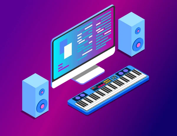 Pracovní stanice kompozice hudby s velkým monitorem a hudební klávesnicí. plochý vektorový obrázek EPS — Stockový vektor