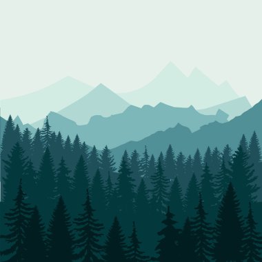 Çam ormanları ve dağların arka planlarından. Panorama taiga siluet illüstrasyon vektör Eps