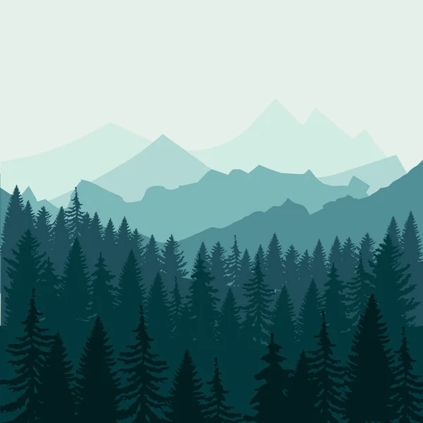 Pine forest and mountains backgrounds. Panorama taiga silhouette illustration vector EPS — Stock Vector