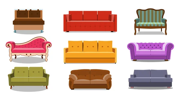 Sofá e sofás colorido desenho animado ilustração vetor conjunto. Coleção de salão confortável para design de interiores isolado em fundo branco. Diferentes modelos de ícones de settee. EPS —  Vetores de Stock